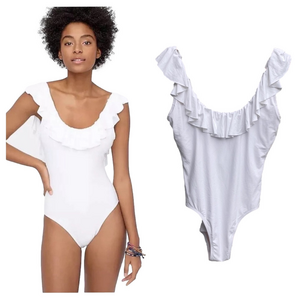 J. Crew Women's White Ruffle Scoop Back One Piece Swimsuit Size 12 Large